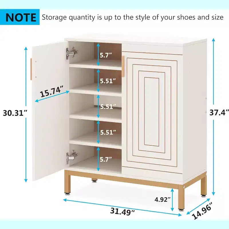 Meuble à Chaussures pour 20 Paires, Armoire de Rangement Moderne à 6 Niveaux avec Portes, Organisateur d'Entrée Autonome, Blanc et Or