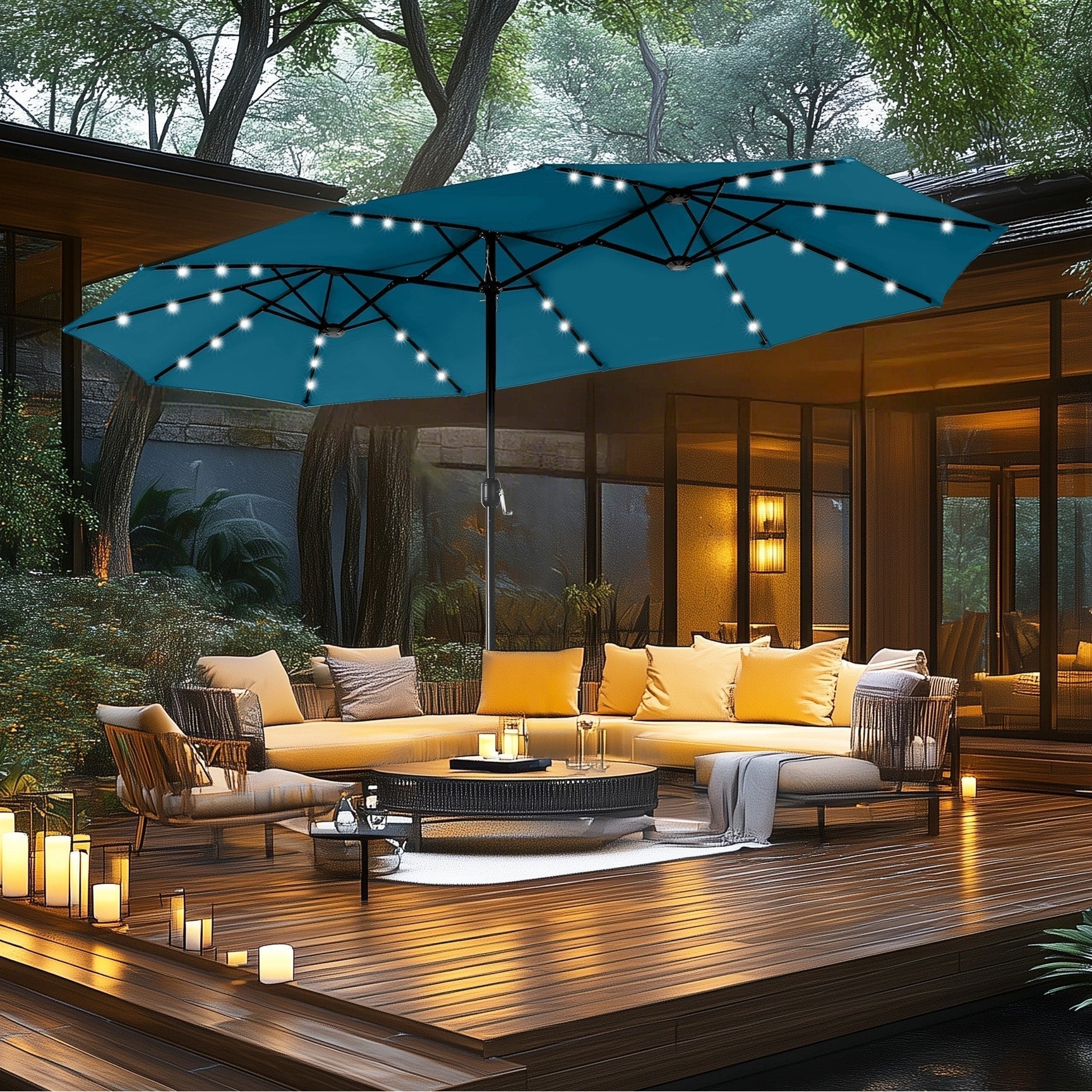 MAISON ARTS Parasol excentré rectangulaire de 4,5 m avec manivelle, parasol de marché double face d'extérieur avec lumières LED solaires et base incluse
