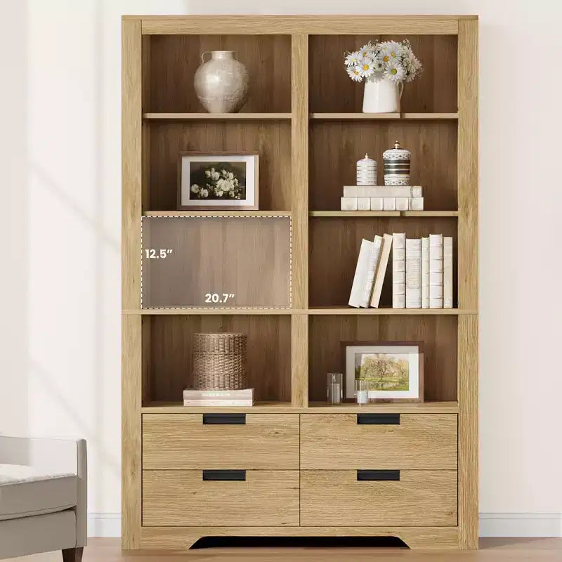 Bibliothèque haute de 72 po avec 4 tiroirs, étagère de rangement autoportante de style campagnard pour chambre à coucher, salon, bureau à domicile