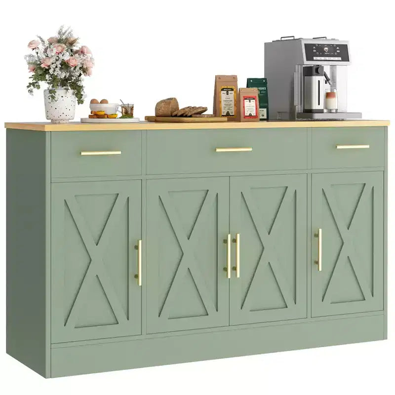 Buffet de cuisine Celebalcony avec rangement, grand buffet de cuisine de 135,6 cm avec 3 tiroirs et 4 portes, étagère réglable pour cuisine, salon