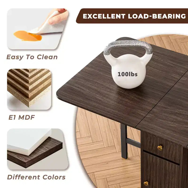 Table à manger pliante ATJafurn 59'' avec abattants pour petits espaces, table de cuisine rectangulaire en bois extensible avec roulettes et rangement