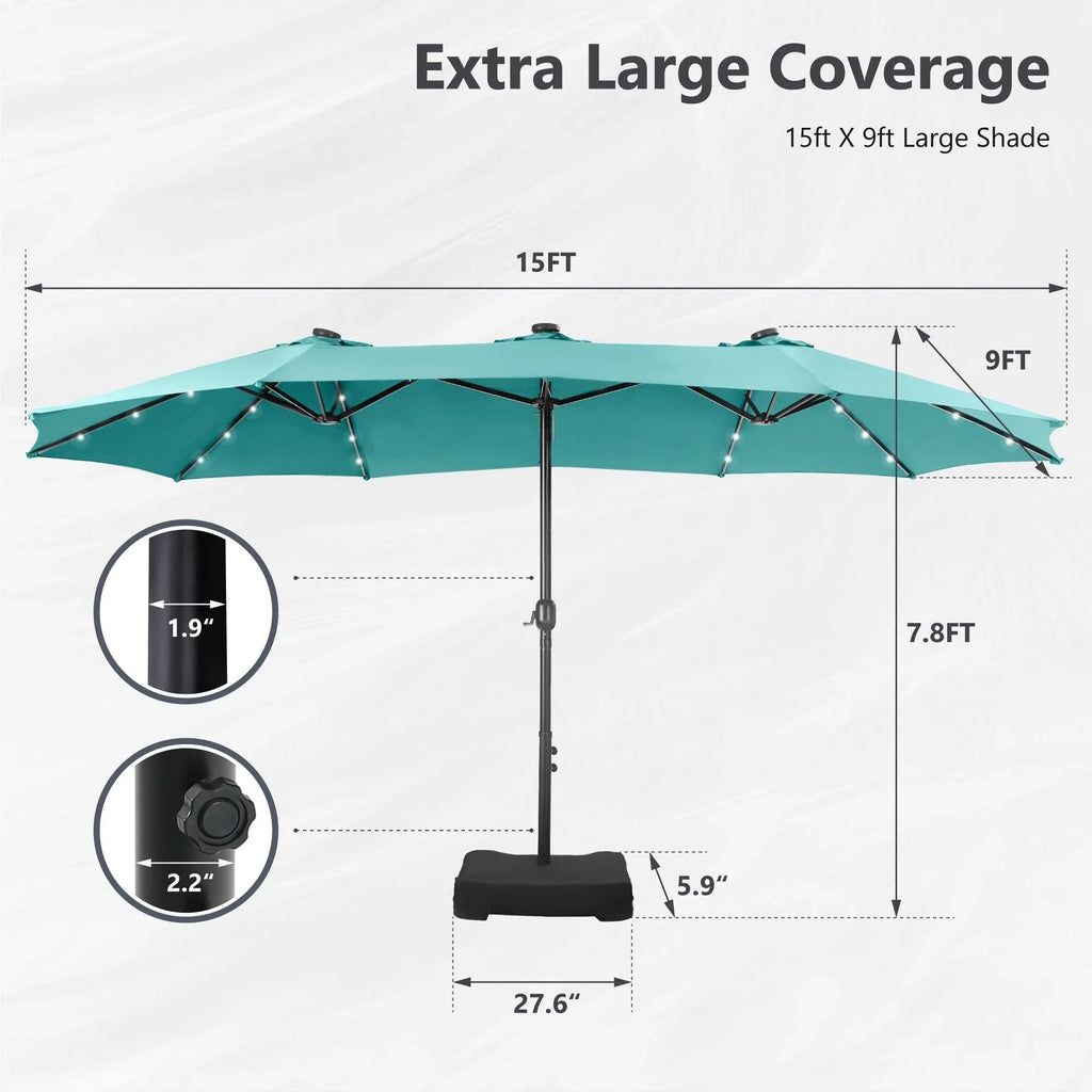 MAISON ARTS Parasol excentré rectangulaire de 4,5 m avec manivelle, parasol de marché double face d'extérieur avec lumières LED solaires et base incluse