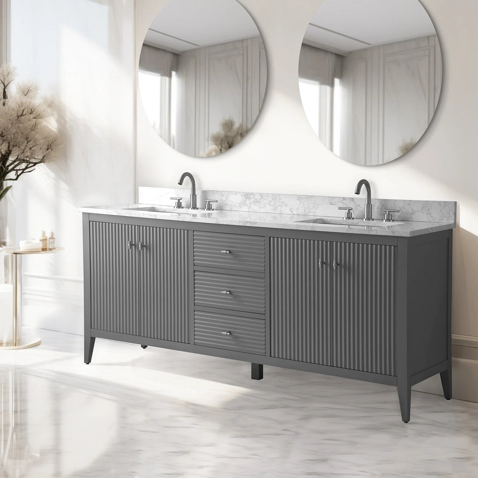 Meuble-lavabo de salle de bain Vanity Art 72 po à double vasque avec dessus en marbre reconstitué