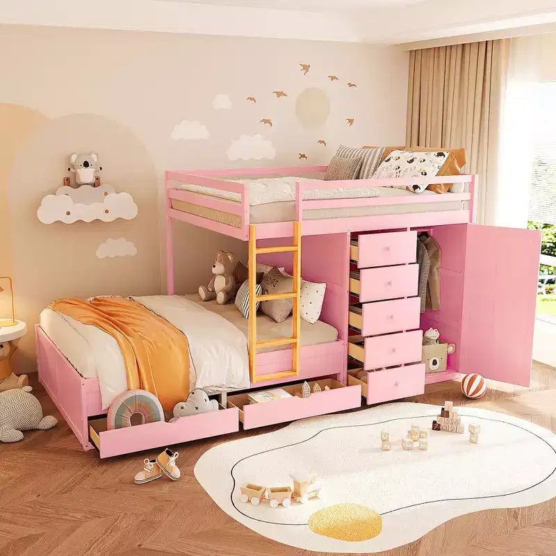 Lit superposé double sur double avec armoire de rangement et tiroirs, lit superposé double en bois peu encombrant avec garde-corps pour appartement, chambre à coucher