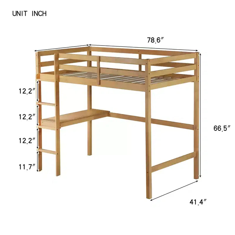 Lit mezzanine Okak Minimalism avec échelle, lit mezzanine simple en bois d'hévéa avec garde-corps de sécurité et bureau intégré, cadres de lit pour enfants, adolescents