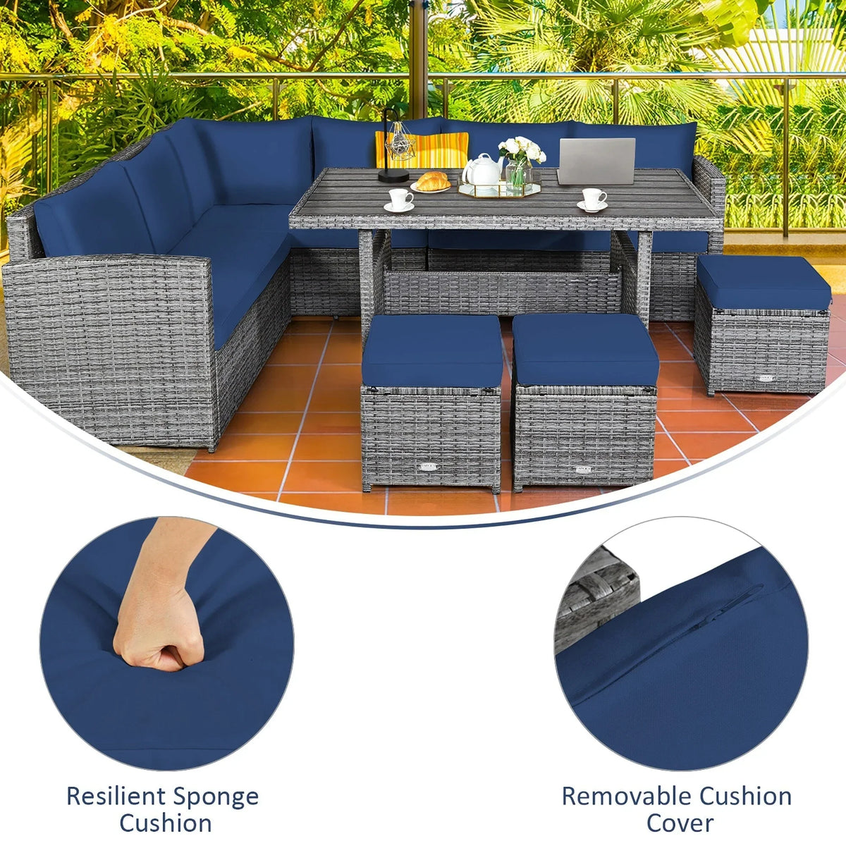 Ensemble de salle à manger Costway 7 pièces en rotin pour terrasse, canapé sectionnel et pouf - Voir détails