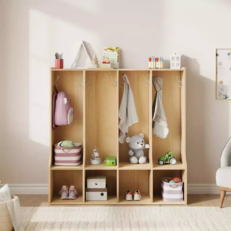 Casier à 4 compartiments marron/blanc avec 8 crochets, pour enfants