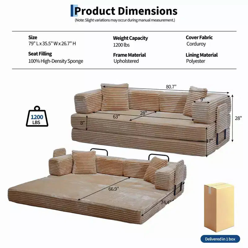 Canapé-lit convertible 5-en-1 80,7 po – Velours côtelé, 1200 lb, aucun assemblage requis