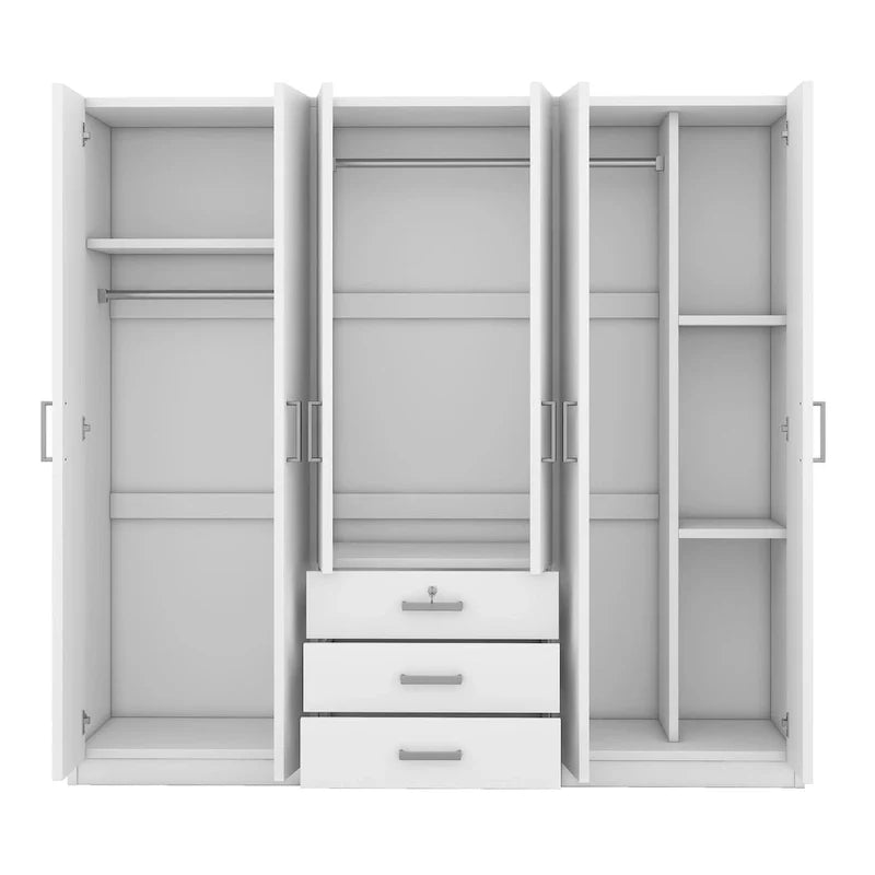 Armoire 6 portes en bois avec 3 grands tiroirs de rangement pour chambre à coucher
