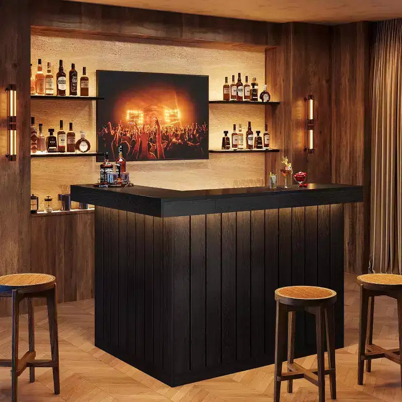 Bar de salon en L Lantine, bar à liqueurs d'angle à 4 niveaux avec étagères de rangement et porte-verres à vin pour pub à domicile