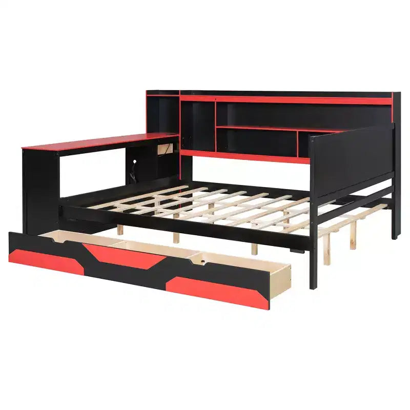 Lit de repos de jeu double/grand avec tête de lit bibliothèque, lumières LED, bureau intégré, tiroirs et station de charge
