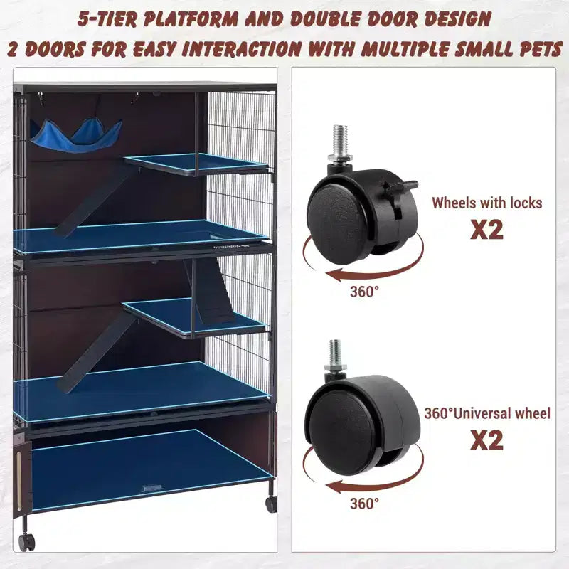 Grande Cage pour Petits Animaux, Cage à Furets - Habitat à 5 Niveaux de 150 cm avec Armoire de Rangement, Comprend Hamac/Roues/Rampes Amovibles/Plateaux Faciles à Nettoyer
