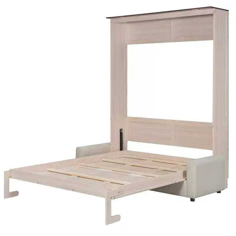 Lit escamotable Queen Size avec canapé, Lit escamotable Queen Size en bois avec éclairage LED, Lit escamotable pliant avec coffre pour chambre d'amis, Beige