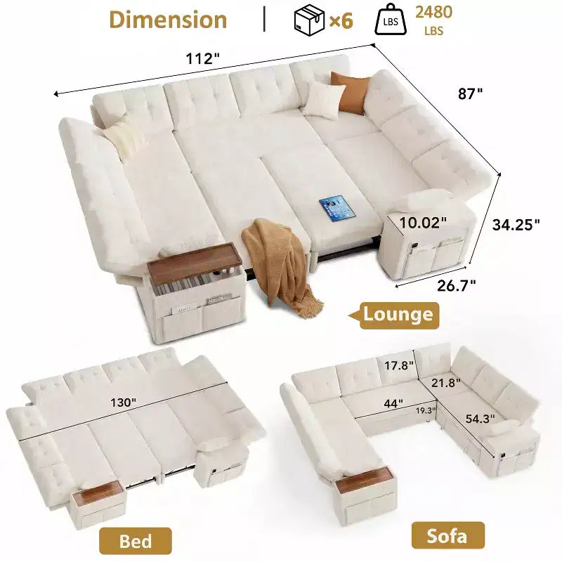 Dyonery 112 Canapé modulaire convertible avec lit gigogne, canapé d'angle en U avec rangement, canapés extra larges et profonds pour salon