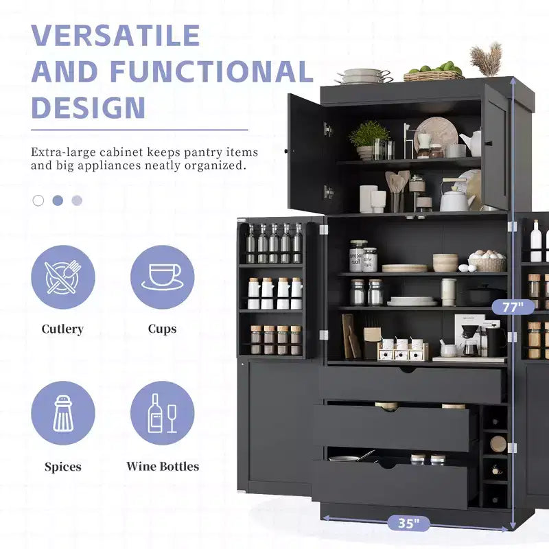 Garde-manger de cuisine autoportant 77H, armoire de rangement de style ferme avec étagères réglables, étagères de porte, tiroirs et casiers à vin - ModernLuxe