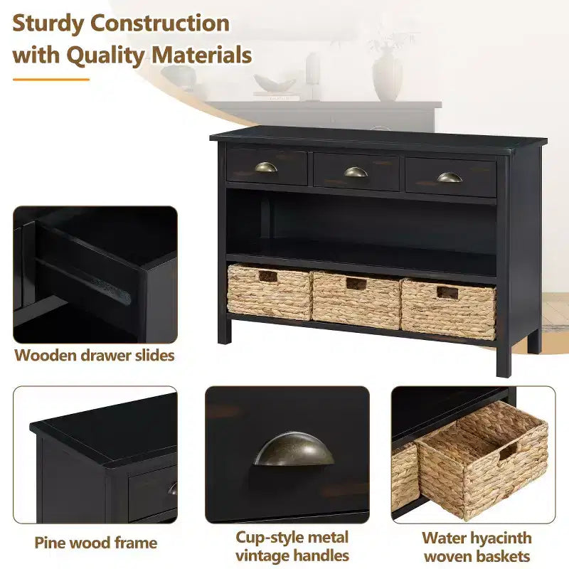 Console de table d'entrée avec rangement, table de couloir de style ferme avec 3 tiroirs et 3 paniers en jacinthe d'eau pour salon ou hall d'entrée - Panipeachy