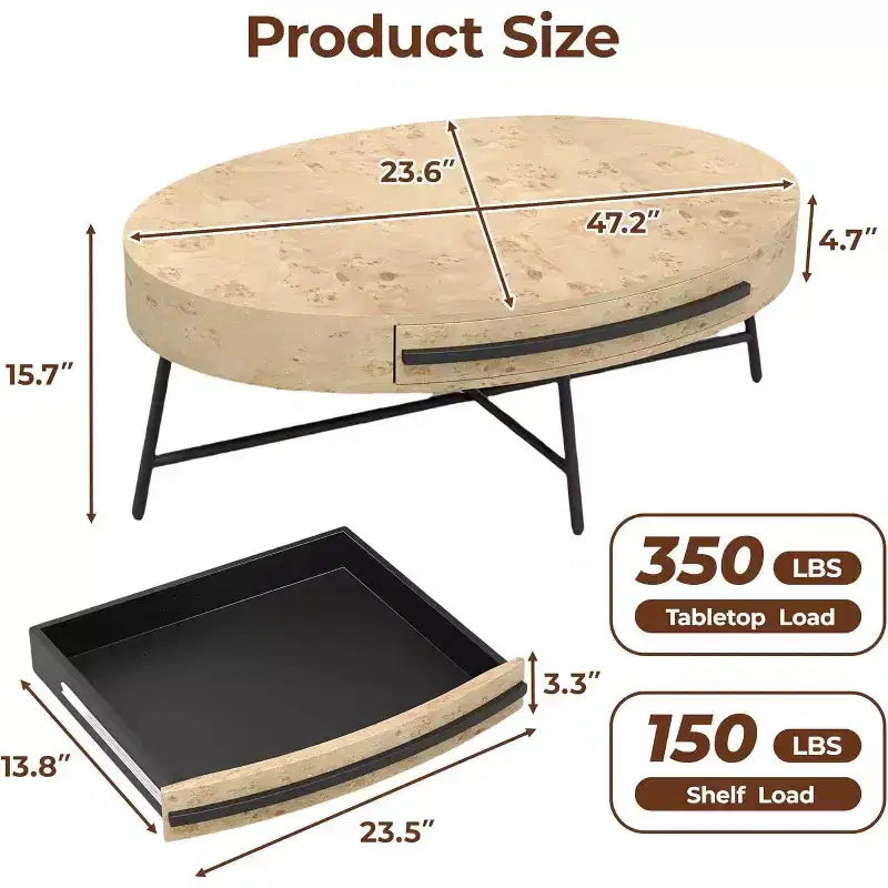 Table basse ovale Acekool avec tiroir, table de rangement en bois 120 cm avec pieds en métal croisés, table basse de style moderne du milieu du siècle en saule naturel et doré