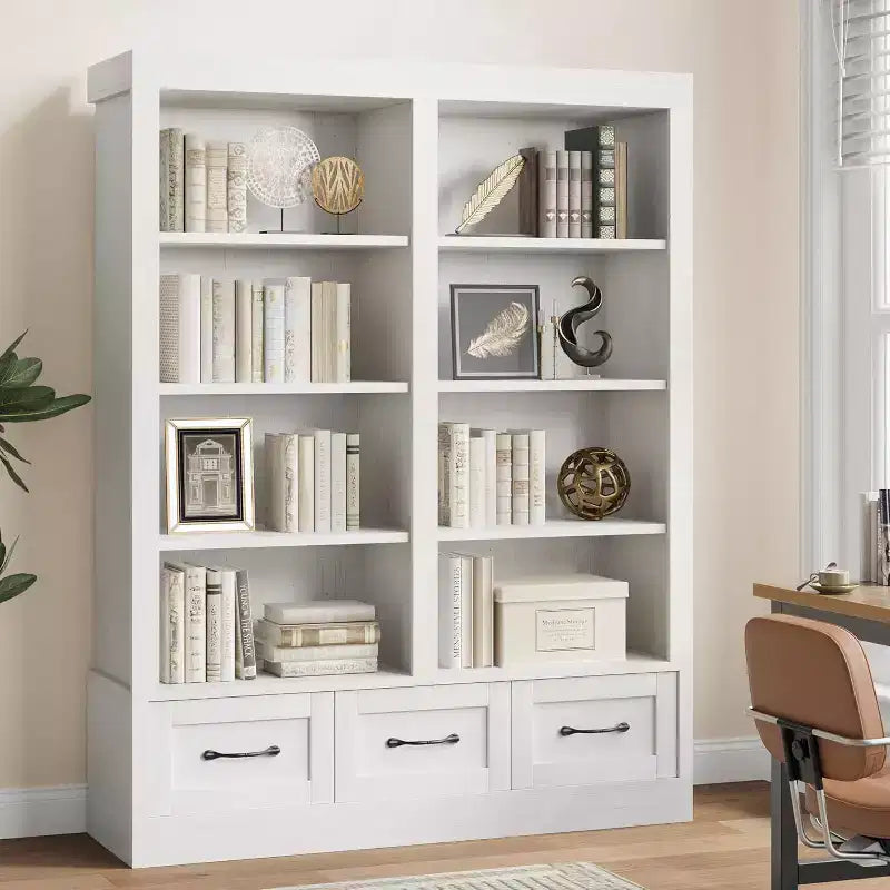 Bibliothèque et étagères de 64 H, étagère avec 3 tiroirs de rangement, étagère ouverte à 4 niveaux double largeur pour bureau salon