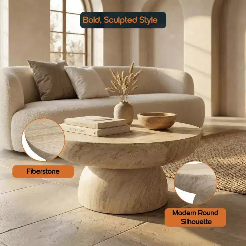 Table basse piédestal ronde en Fiberstone, table d'appoint sculptée pour l'intérieur et l'extérieur avec patins antidérapants