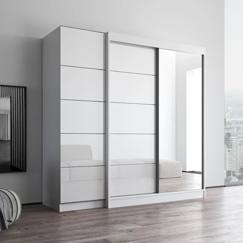 Armoire 2 portes avec miroir, façade vitrée, 2 personnes (Gris / Noir / Blanc)