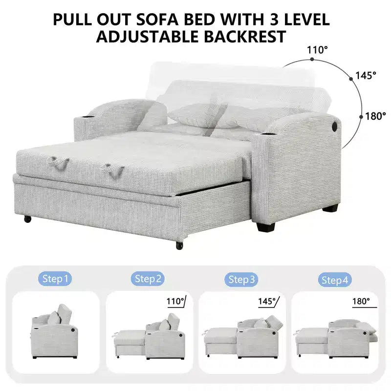 61.6 Canapé-lit convertible moderne en chenille avec ports USB, porte-gobelets et dossier réglable pour salon, appartement