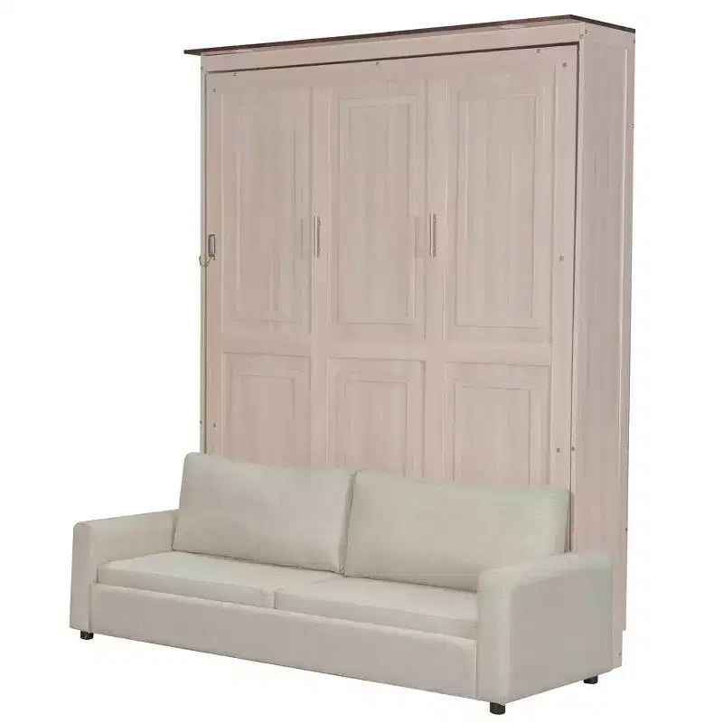 Lit escamotable Queen Size avec canapé, Lit escamotable Queen Size en bois avec éclairage LED, Lit escamotable pliant avec coffre pour chambre d'amis, Beige