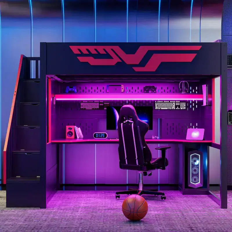 Lit mezzanine pleine grandeur pour gamer avec bureau et lumière LED, lit surélevé pleine grandeur en bois avec escalier de rangement et USB, rouge + noir