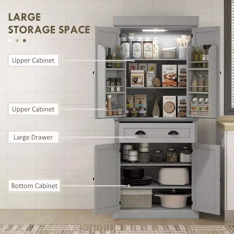 Garde-manger de cuisine de 71 po avec lumières DEL, 6 tablettes de porte, un tiroir et 4 tablettes réglables