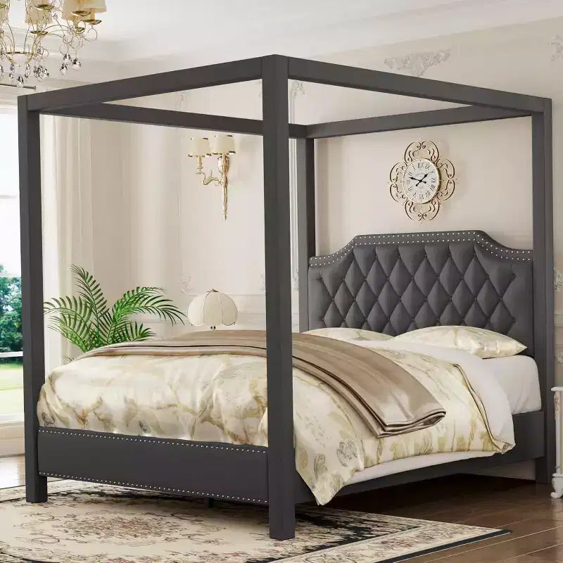 Cadre de lit à baldaquin Queen Size avec 4 poteaux, supports d'angle, sommier à lattes en bois massif, pas besoin de sommier tapissier, sans bruit