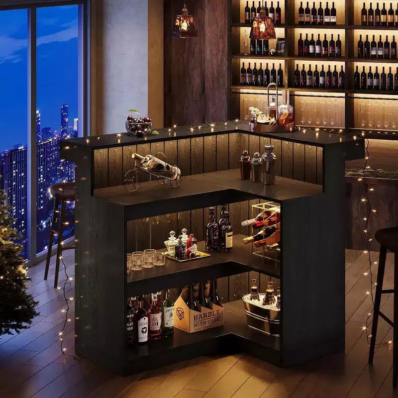 Bar de salon en L Lantine, bar à liqueurs d'angle à 4 niveaux avec étagères de rangement et porte-verres à vin pour pub à domicile