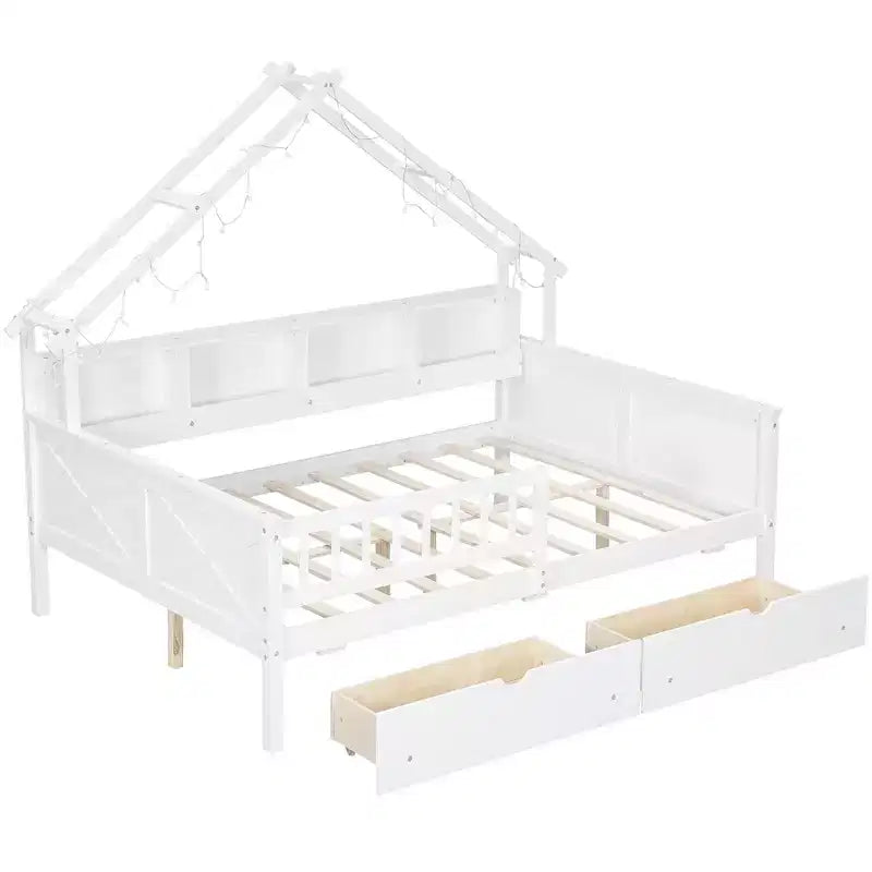 Cadre de lit maison pleine grandeur avec tiroirs, lit plate-forme maison avec lumières LED, étagères de rangement et tiroirs, lit de repos en bois avec toit et garde-corps