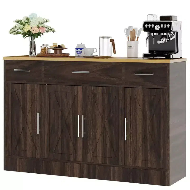 Buffet de cuisine Celebalcony avec rangement, grand buffet de cuisine de 135,6 cm avec 3 tiroirs et 4 portes, étagère réglable pour cuisine, salon