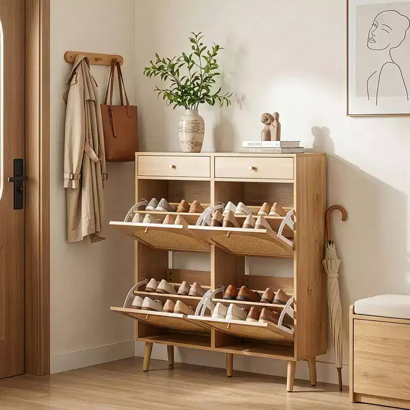 Karl Home Meuble à chaussures en rotin avec 2 tiroirs et 4 compartiments basculants en panneaux de particules 105 cm (L)