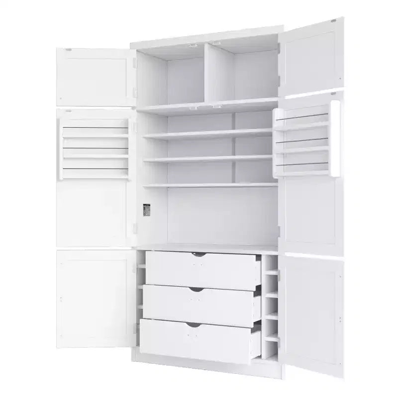 Grand meuble de garde-manger de cuisine avec prises électriques, grand placard autoportant avec support pour micro-ondes, tiroirs, étagères, casiers à vin et étagère de porte