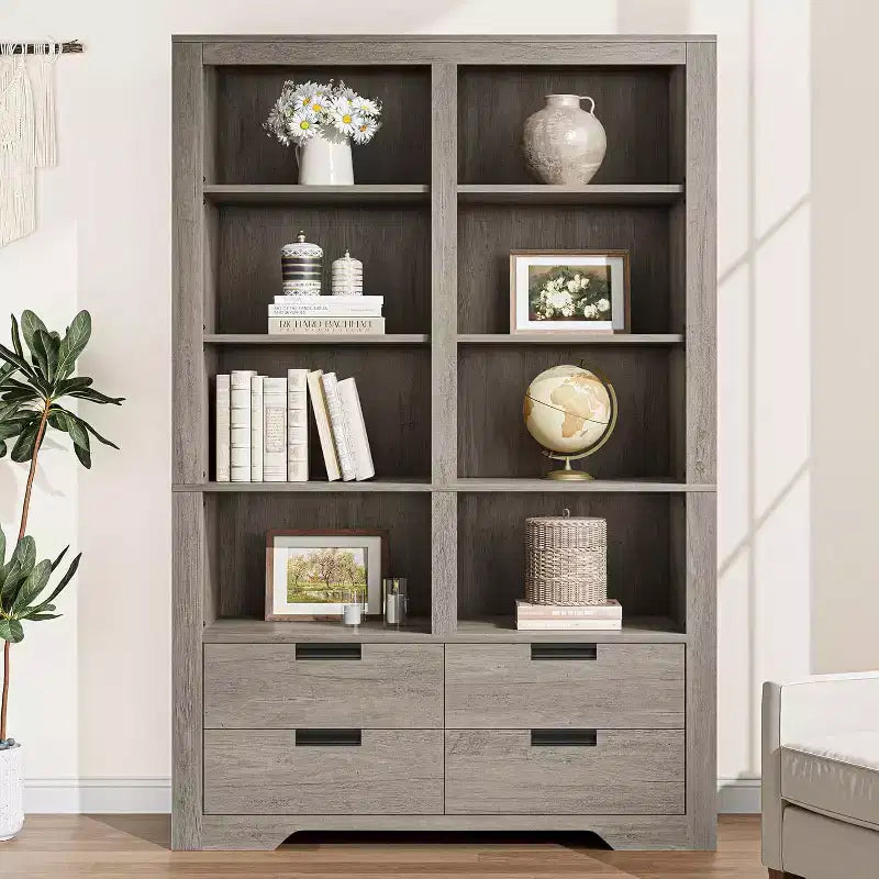 Bibliothèque haute de 72 po avec 4 tiroirs, étagère de rangement autoportante de style campagnard pour chambre à coucher, salon, bureau à domicile