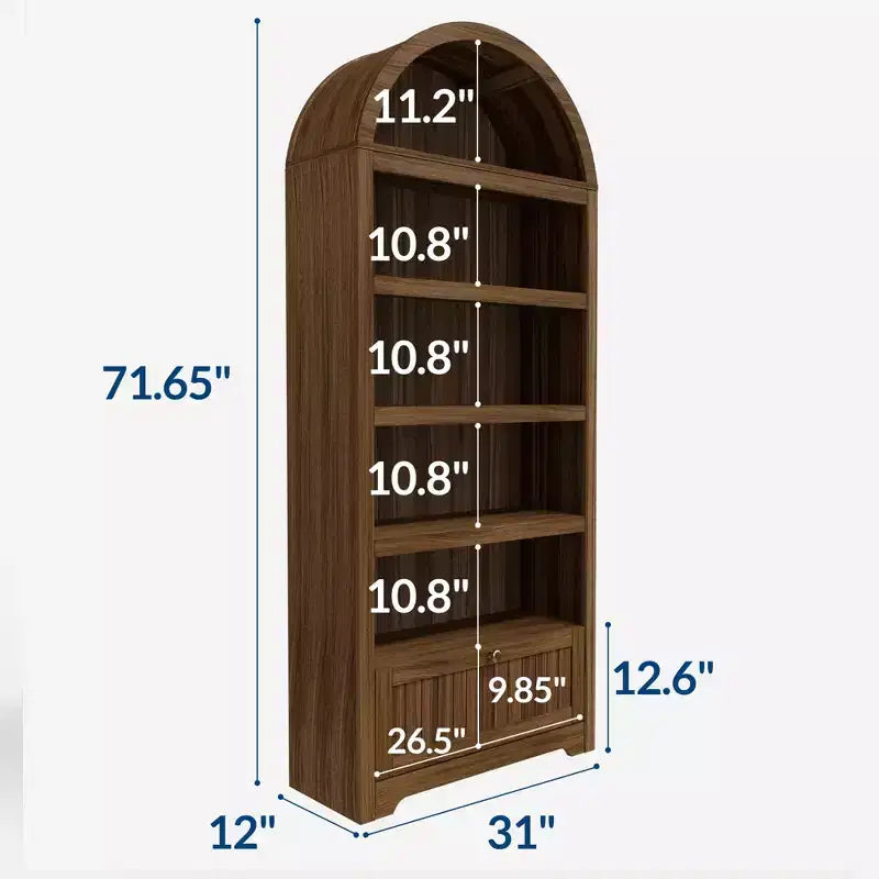 Bibliothèque arquée de 72 po avec tiroir de rangement, armoire de présentation moderne en bois à 6 niveaux avec étagères ouvertes et tiroir inférieur, porte d'armoire incurvée