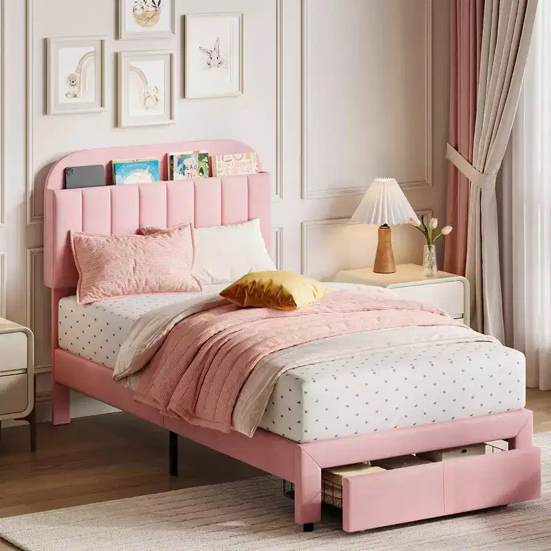 Lot de 2 sommiers de lit jumeaux avec tiroirs de rangement et tête de lit, en velours, profil bas, silencieux, montage facile Rose