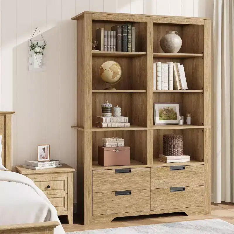 Bibliothèque haute de 72 po avec 4 tiroirs, étagère de rangement autoportante de style campagnard pour chambre à coucher, salon, bureau à domicile