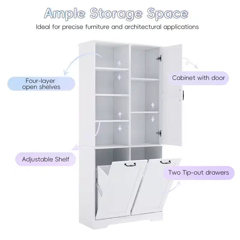 Meuble de rangement de salle de bain avec portes et tiroirs, panier à linge inclinable, plusieurs espaces de rangement, style autoportant