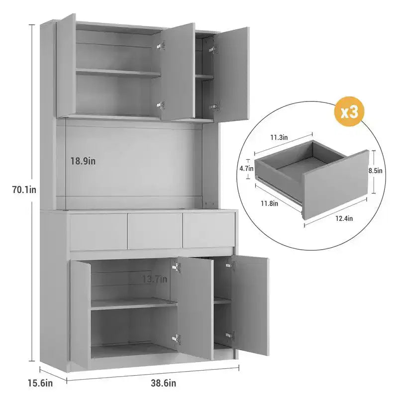 Armoire de cuisine de 71 pouces, vaisselier avec lumières LED et prises de courant, buffet avec support pour micro-ondes, étagères réglables