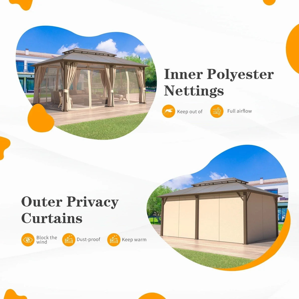 Tonnelle EROMMY à toit rigide, pergola extérieure avec double toit, moustiquaire et rideaux, auvent robuste pour patio, jardin, fête au bord de la piscine
