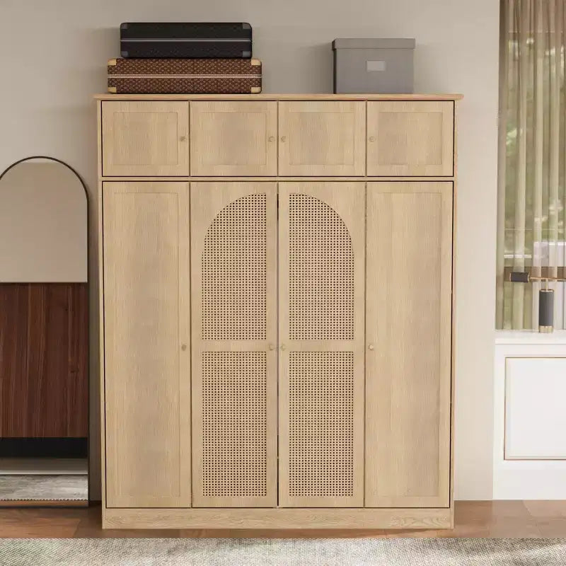 Armoire penderie grande capacité à 8 portes de 180 cm de haut avec tringle, étagères réglables et portes décoratives en rotin