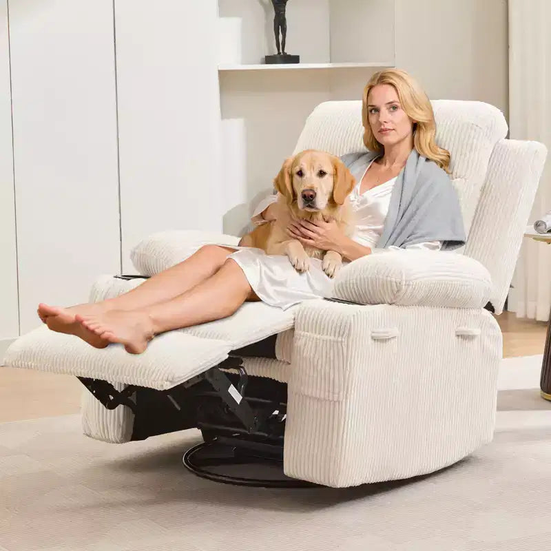 Fauteuil Inclinable Pivotant avec Massage et Chaleur, Fauteuil à Bascule 360° avec Porte-Gobelets et Poches Latérales, Canapé Ergonomique pour Salon, Camping-car, Chambre de Bébé