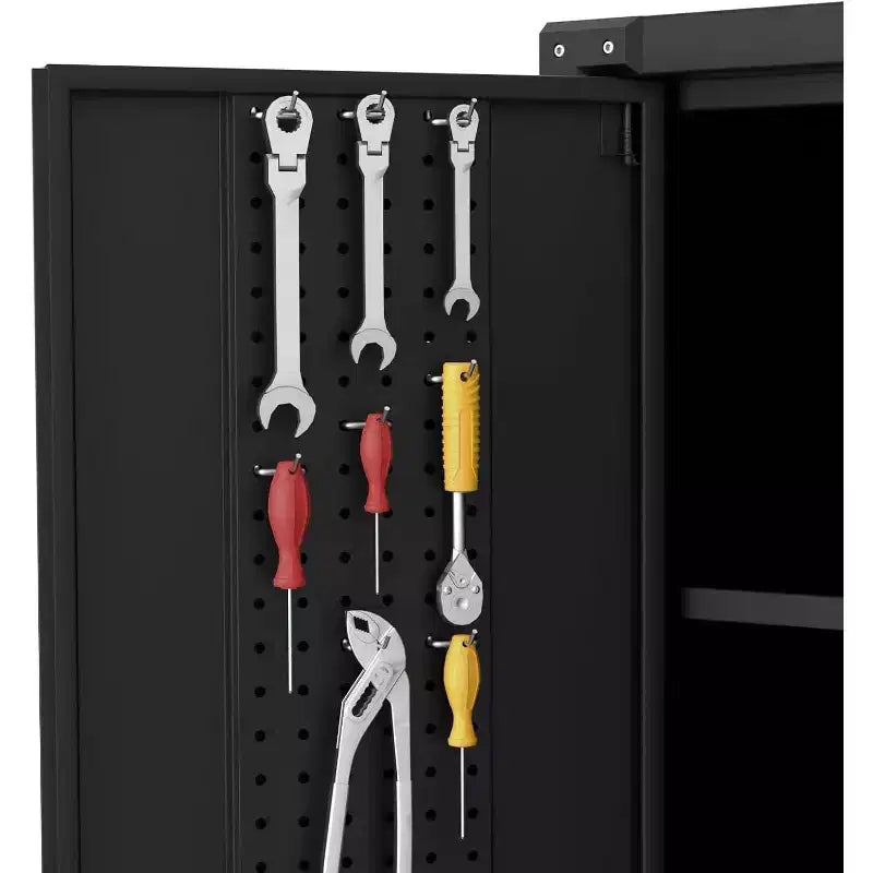 Armoire de rangement de garage avec roues et panneau perforé, armoire de rangement métallique verrouillable de 72 po de hauteur avec 2 portes et 4 étagères réglables pour atelier de garage