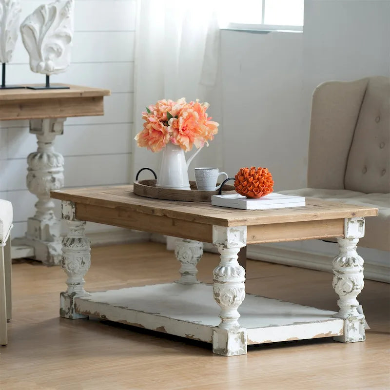 Table basse rectangulaire en bois blanc vieilli