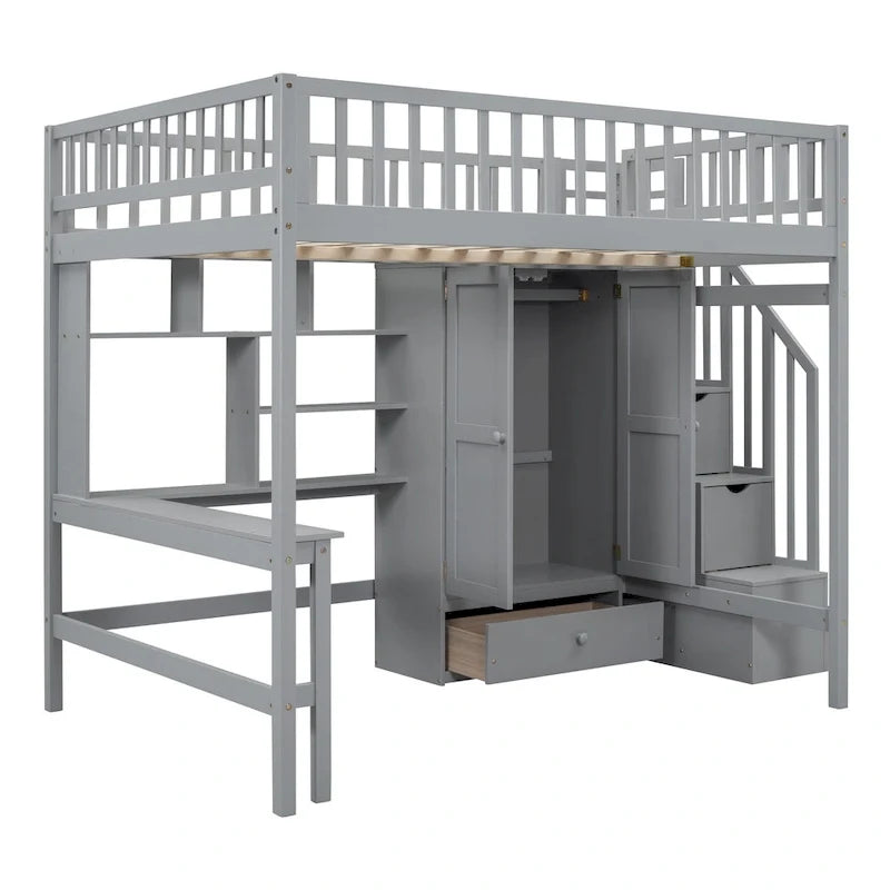 Lit mezzanine en pin avec bureau et rangements