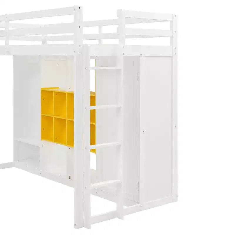 Lit mezzanine enfant avec armoire et étagères, Cadre de lit mezzanine en bois avec meuble de rangement pour enfants et adolescents
