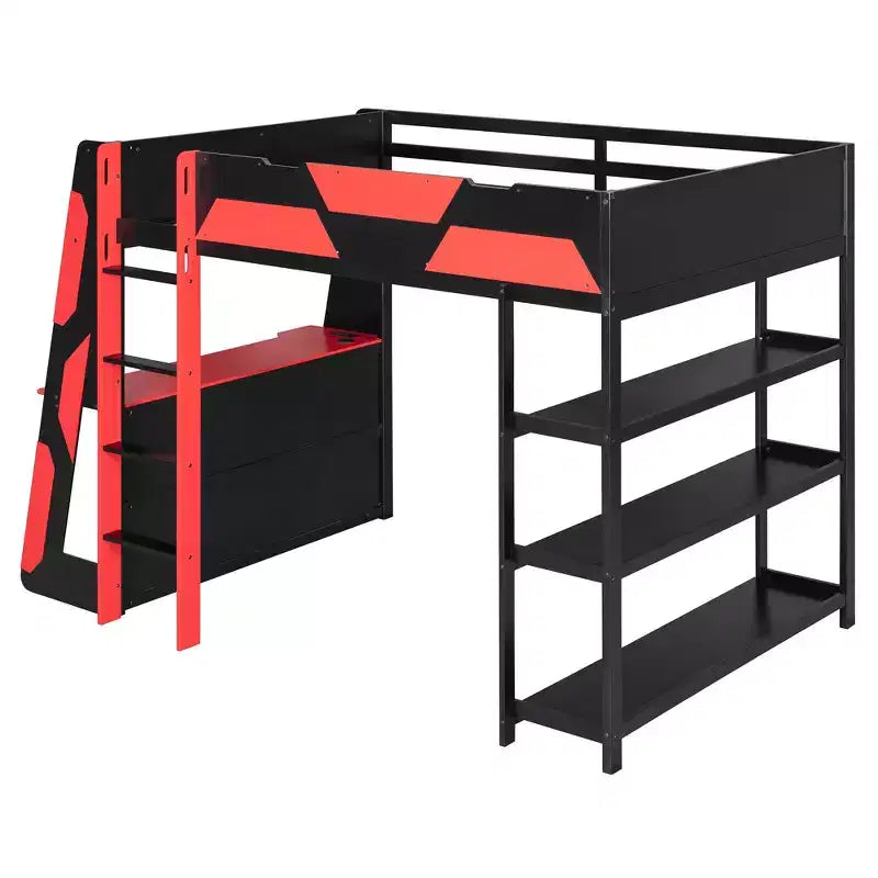 Lit mezzanine gaming complet Luxystar avec bureau, étagères de rangement et lumières