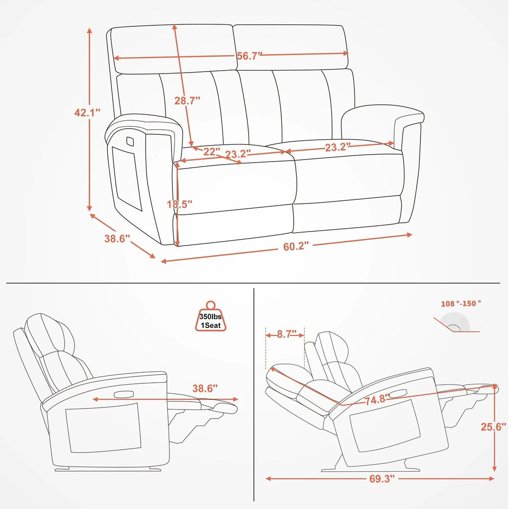 Canapé inclinable électrique MCombo 60,2 po avec massage et double chauffage, appuie-tête réglable, ports USB et Type C, tissu