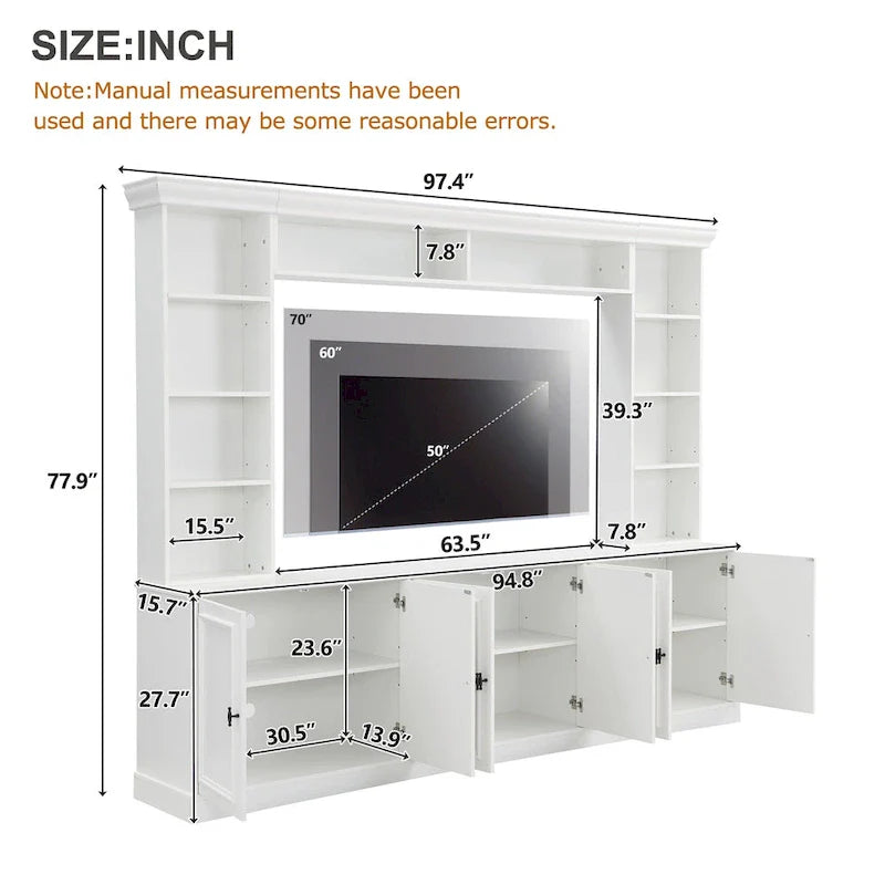 Ensemble mural de 4 meubles TV avec pont pour téléviseurs jusqu'à 70 pouces, meuble TV avec étagères réglables, grande console multimédia